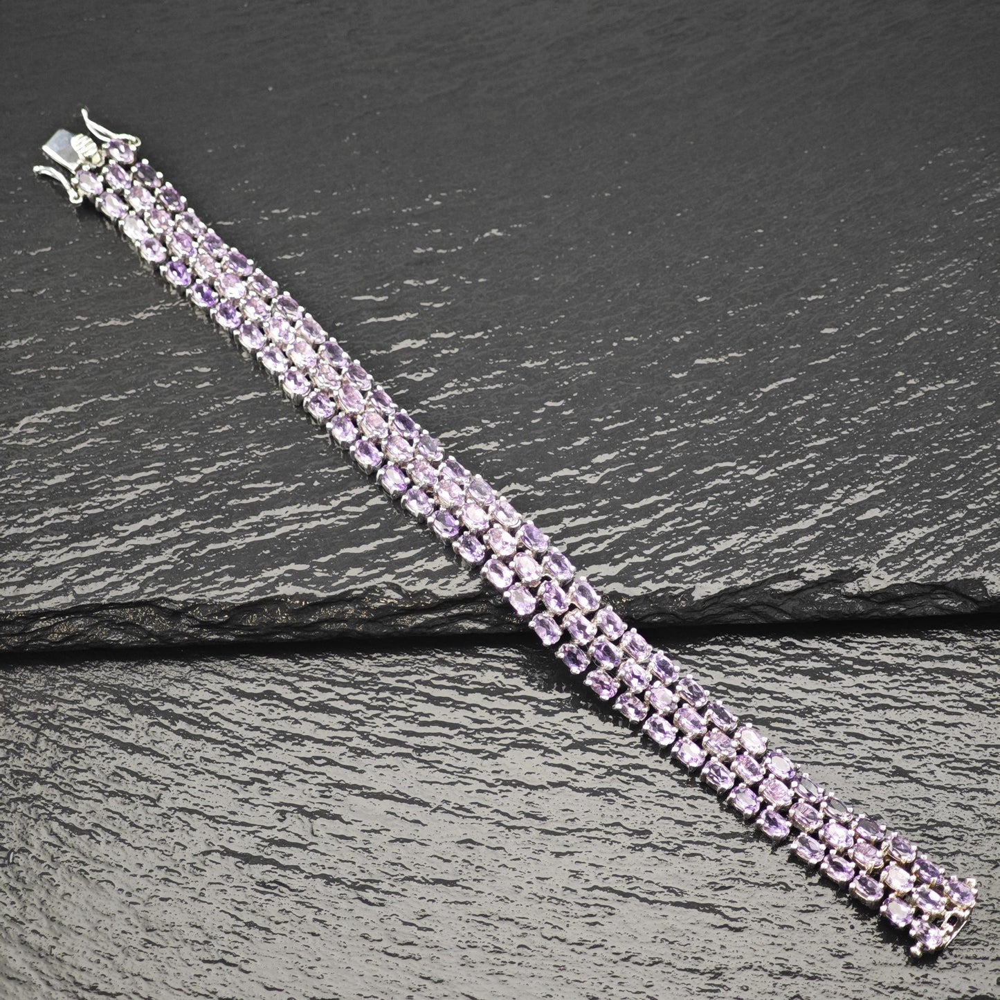 Amethyst Triple Strand Line Bracelet Sterling Silver Size 7"