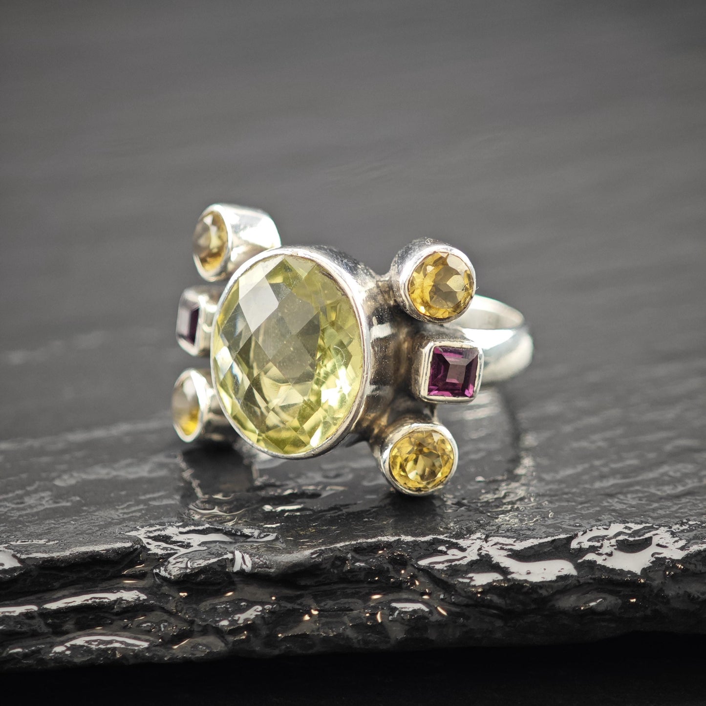 Nicky Butler Quartz Citrine, Garnet Ring Sterling Silver Size 7 3/4