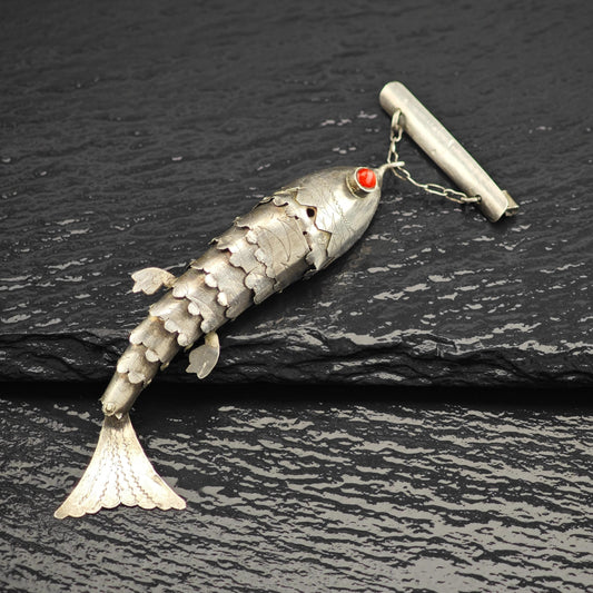 Vintage Articulated Fish, Red Coral Sterling Silver Brooch
