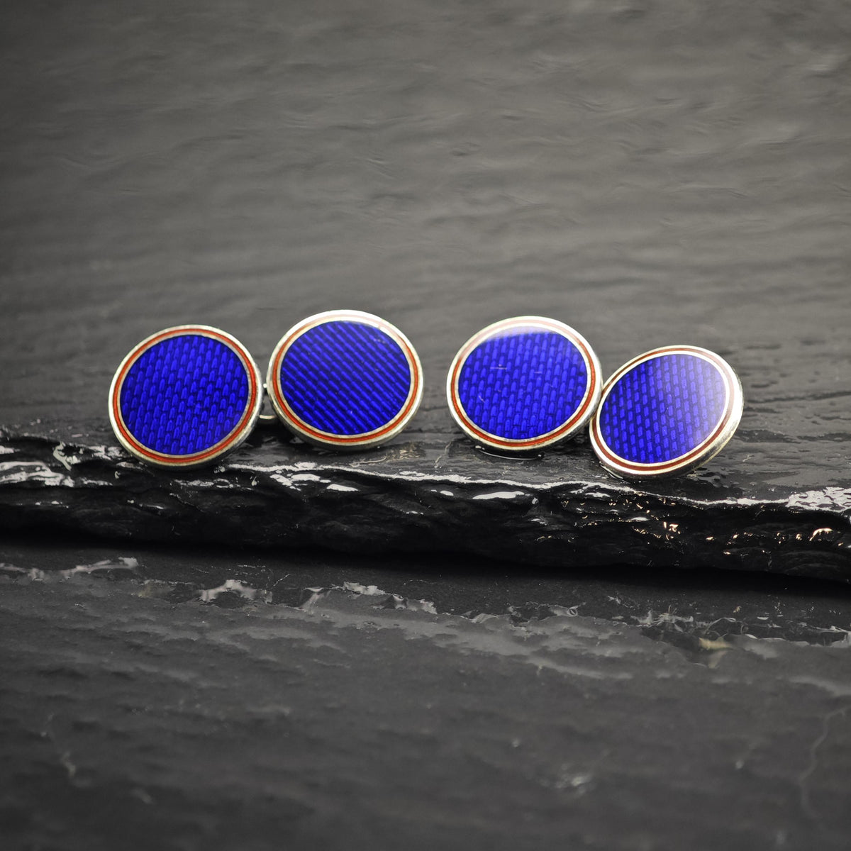 1986 Deakin Francis Guilloche Blue Enamel Sterling Silver Cufflinks MISC0435