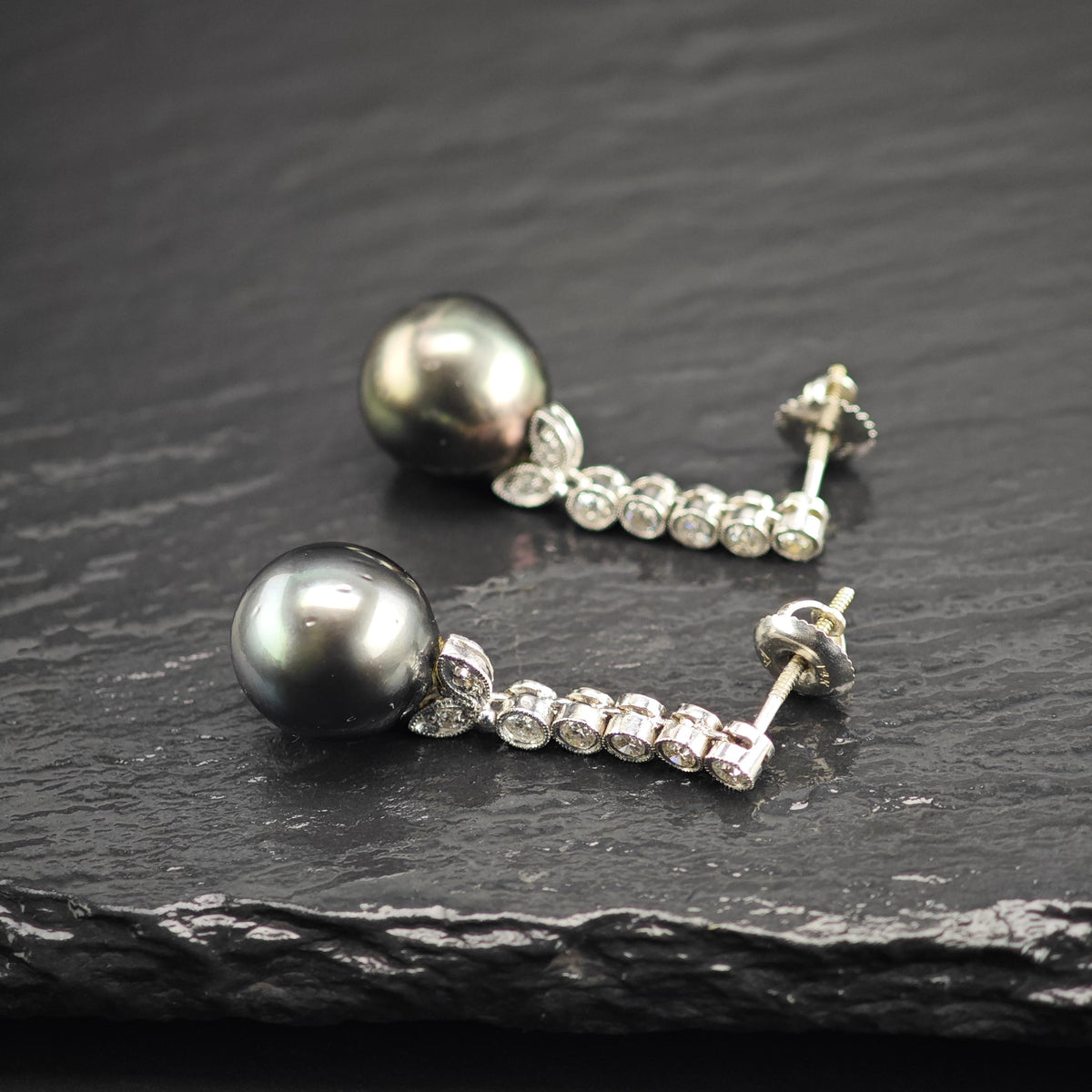 11mm Tahitian Pearl Diamond, 18K White Gold Stud/Dangle Earrings ER3220