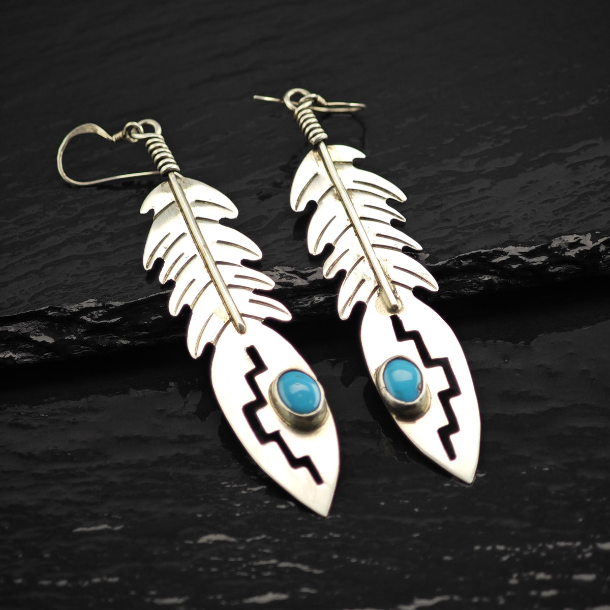 Navajo Turquoise Feather Design Dangle Sterling Silver Earrings ER3237