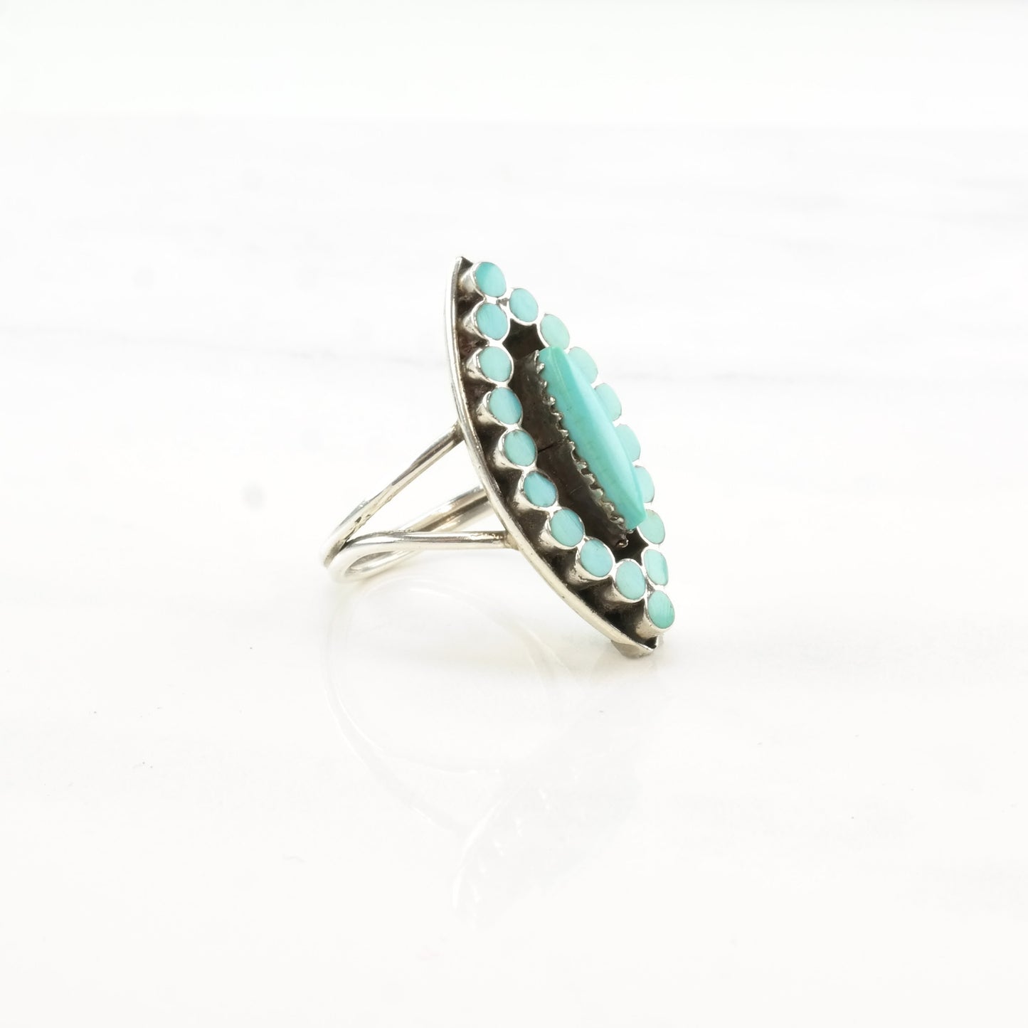 Vintage Dishta Style Silver Ring Turquoise Cluster Zuni Sterling Size 8 1/2