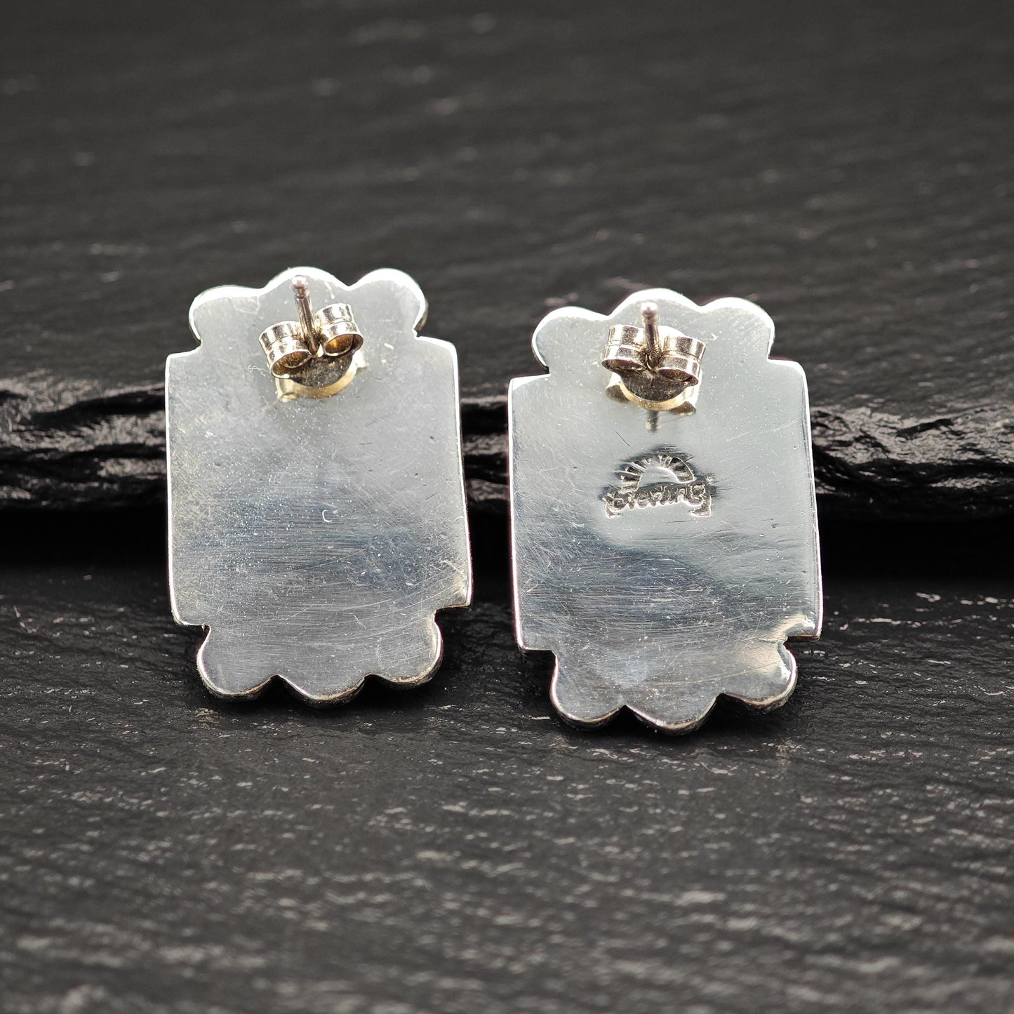 Southwest Red Coral Inlay Stud Earrings Sterling Silver