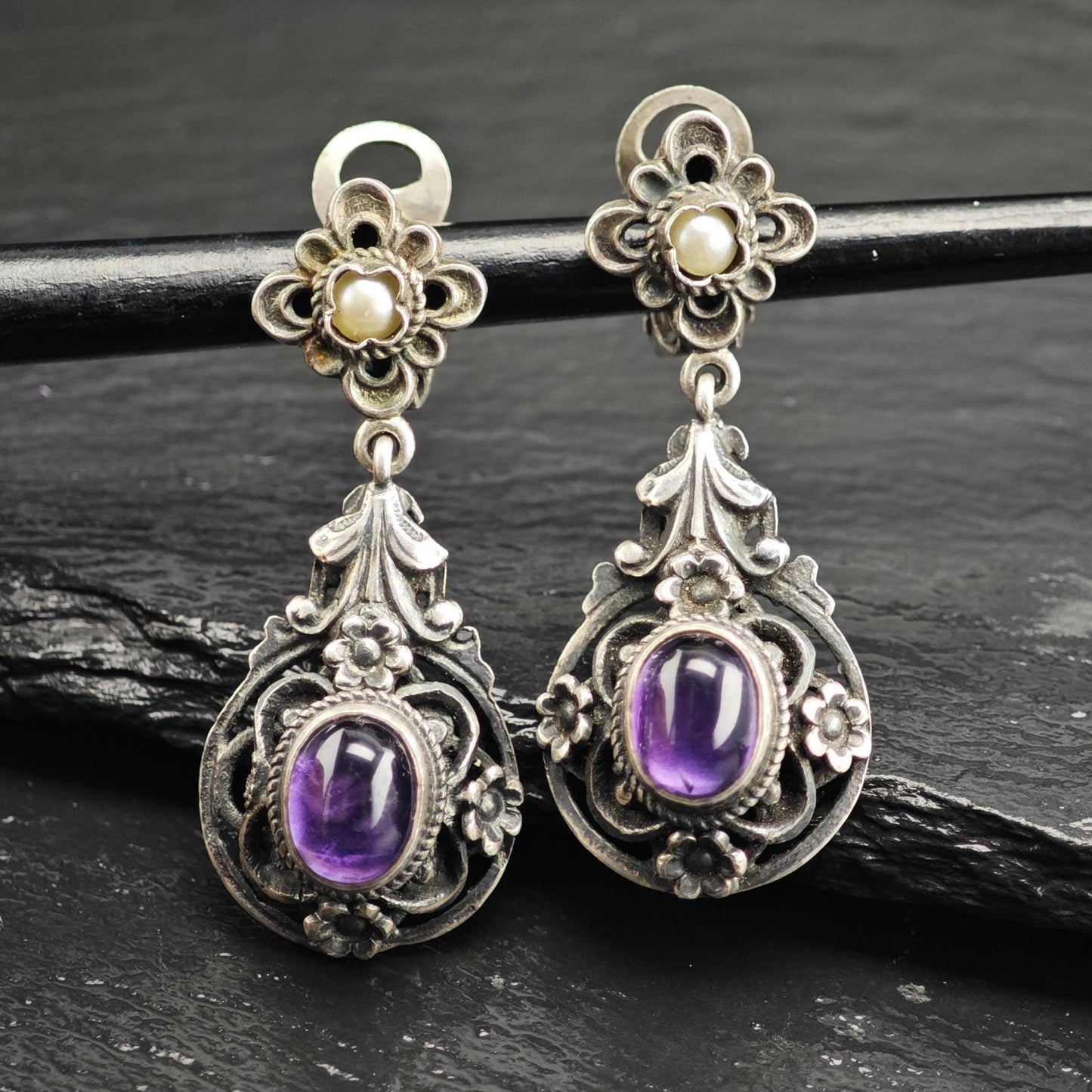 European Art Nouveau Cabochon Amethyst, Pearl Clip On Sterling Silver Earrings ER3197