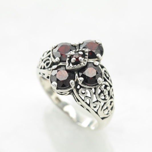 Vintage Garnet Filigree Sterling Silver Ring Red Size 5 3/4