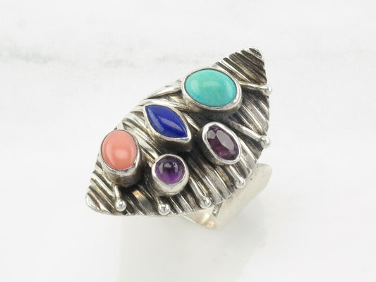 NAKAI Silver Ring Multi Gem, Amethyst, Turquoise Fan Sterling Size 10 1/4