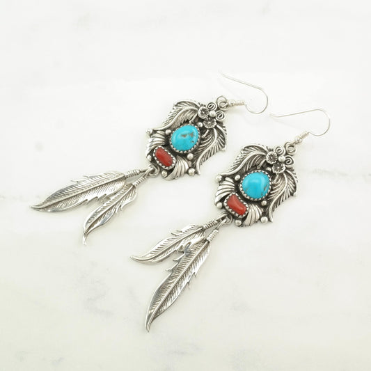 Native American Sterling Silver Turquoise, Coral Feather, Floral Earrings Fish hook