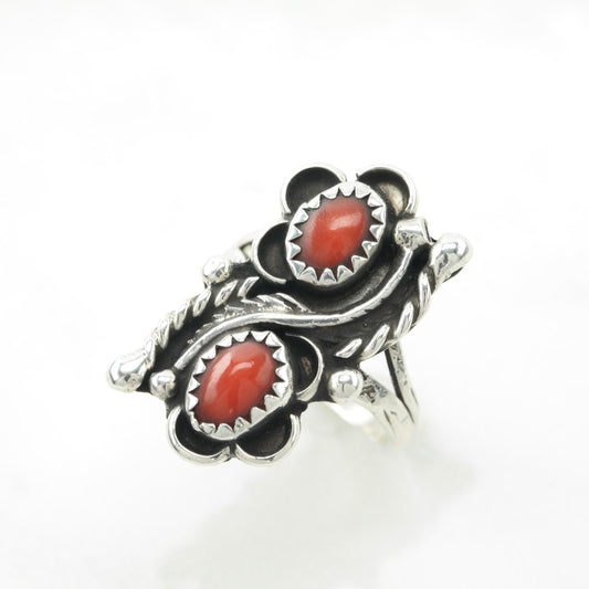 Vintage Southwest Silver Ring Coral Floral, Shadow Box Sterling Red Size 5