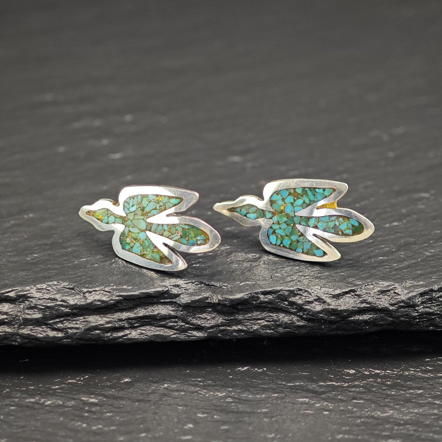 Native American Green Inlay, Turquoise Thunderbird Stud Earrings Sterling Silver