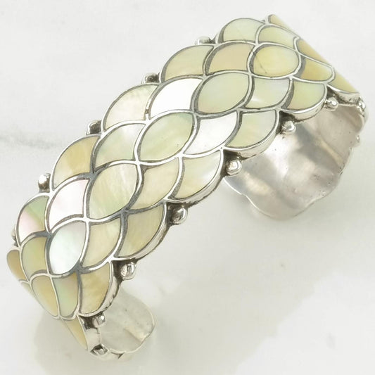 Zuni Sterling Silver Cuff Bracelet MOP Inlay, Fishscale