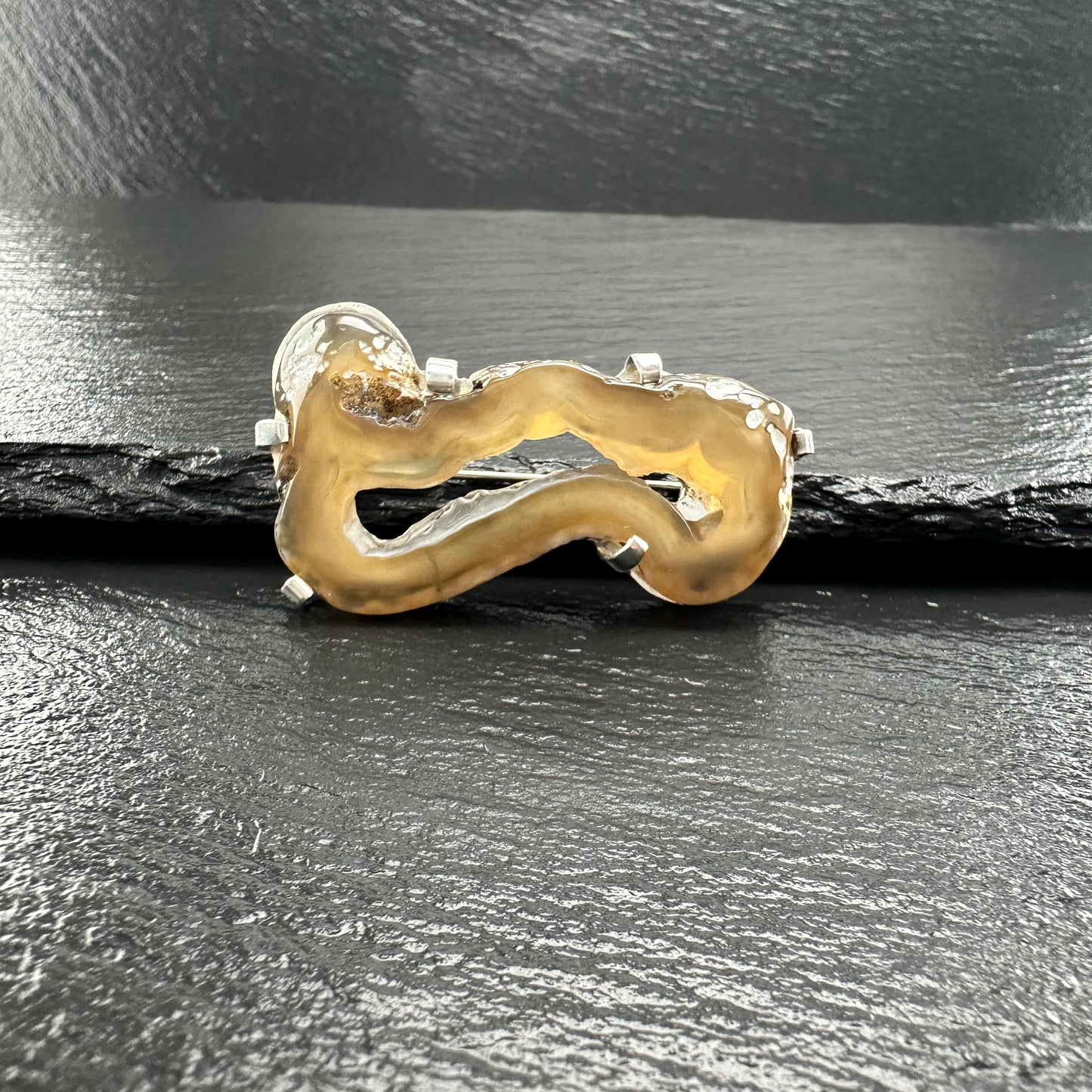 Vintage Tan Clear, Abstract Agate Brooch Sterling Silver