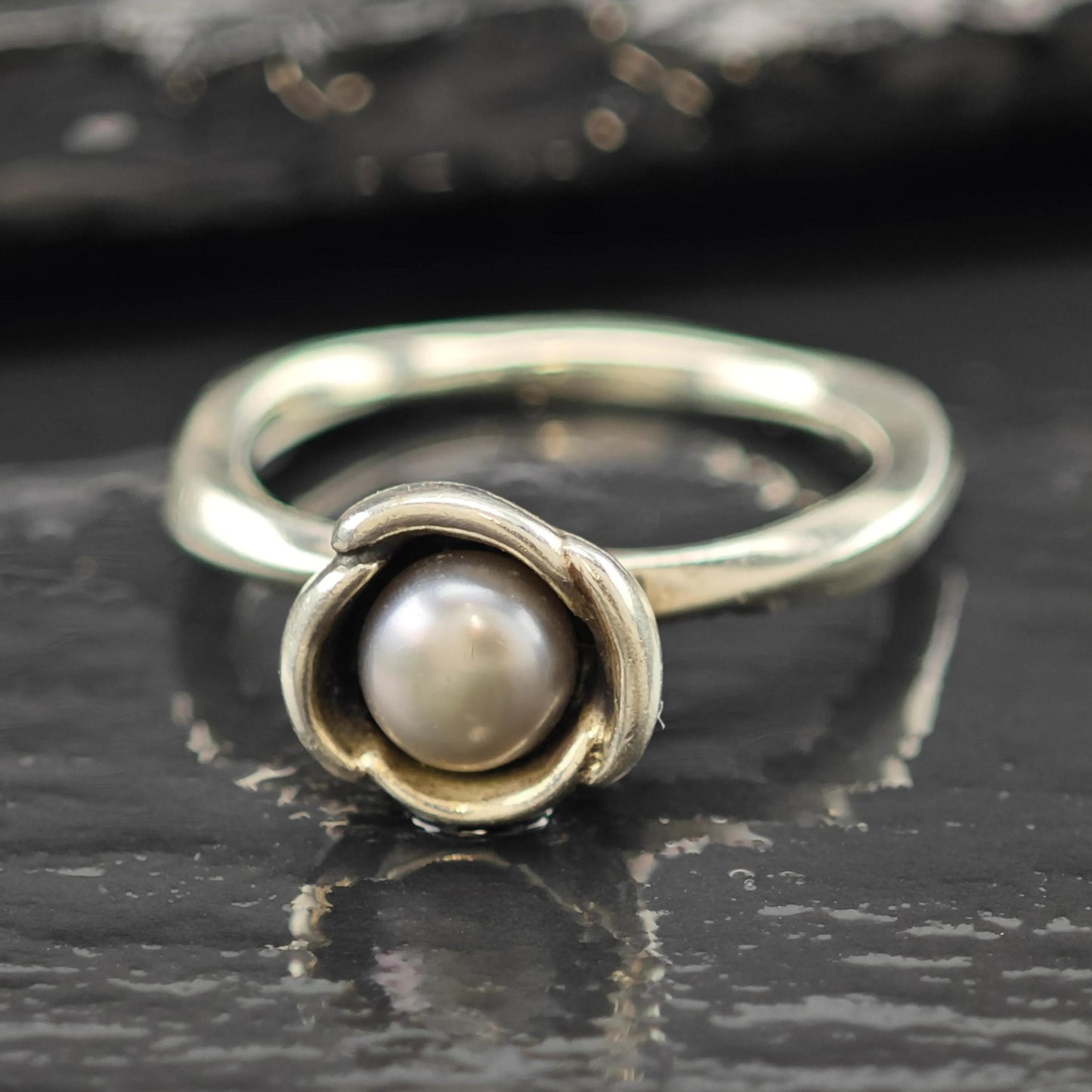 Pandora Grey Pearl Floral Ring Sterling Silver Sz 8