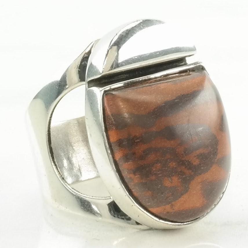 Vintage DTR Silver Ring Petrified Wood Modernist Sterling Brown Size 7 1/2