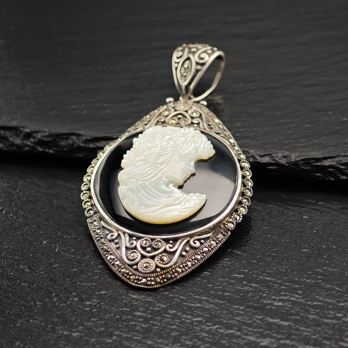 Cameo Pendant in Sterling Silver with MOP Onyx Marcasite P2755