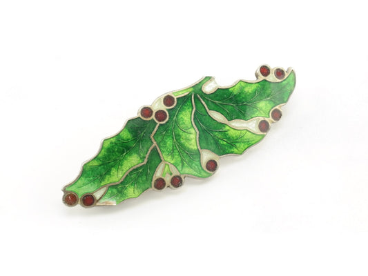 Sterling Silver Holly Berry Leaf Brooch Cloisonne Enamel