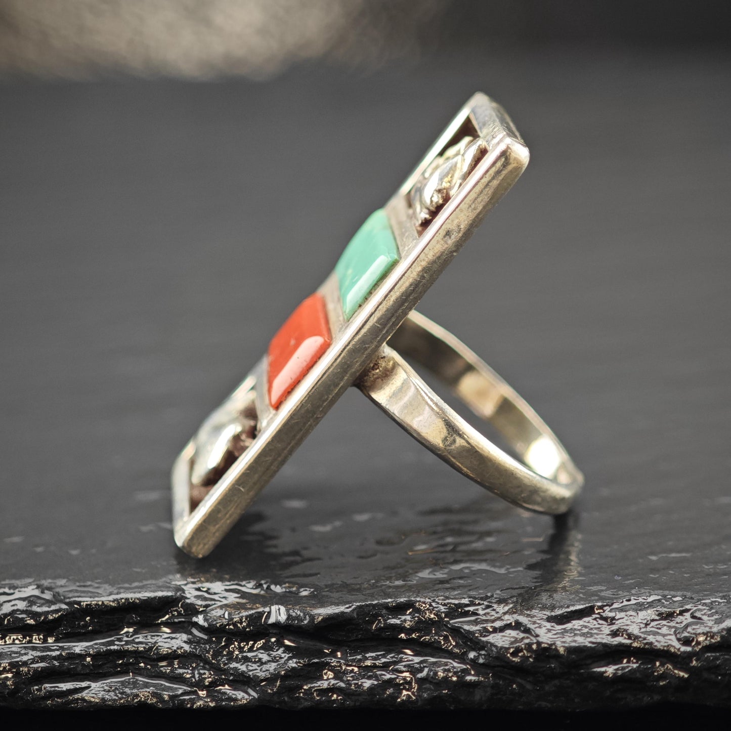 Zuni, Native American Turquoise, Coral Inlay Ring Sterling Silver Sz 6