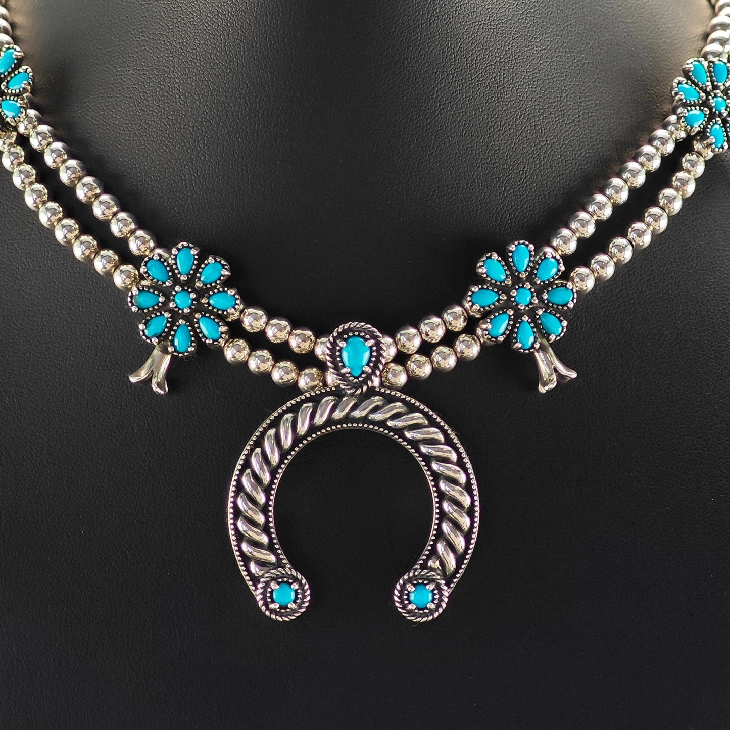 Carolyn Pollack Sterling Silver Squash Blossom Necklace with Removable Blue Turquoise Pendant