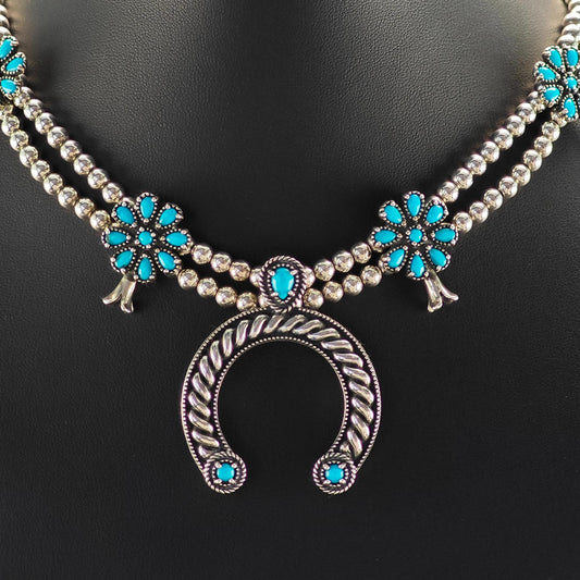 Carolyn Pollack Sterling Silver Squash Blossom Necklace with Removable Blue Turquoise Pendant