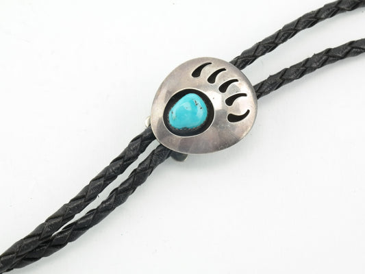 Vintage Southwest Sterling Silver Turquoise Bear Paw, Shadowbox Bolo Tie