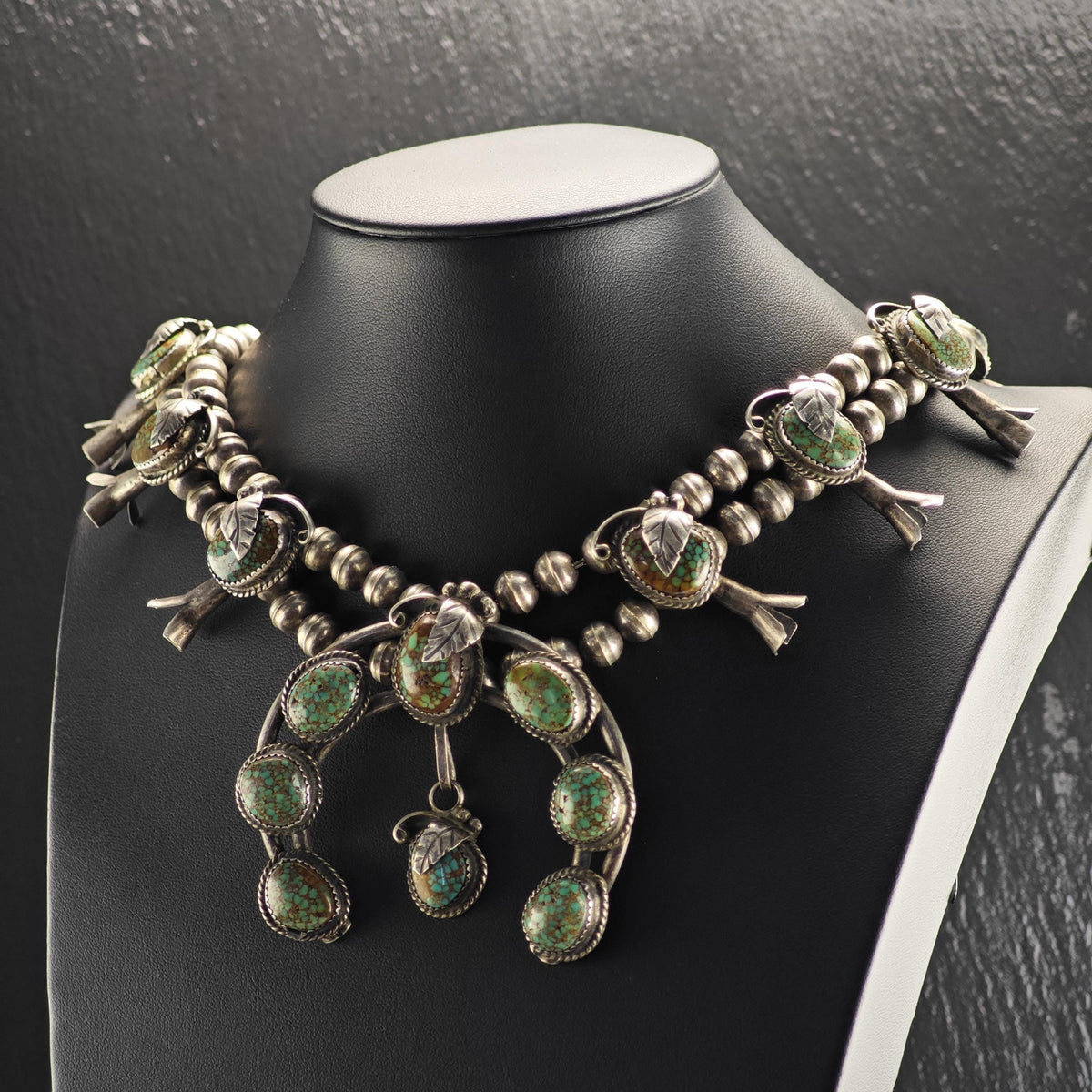 Vintage Navajo, Native American Royston Spiderweb Turquoise By Rose A. Chee Sterling Silver Squash Blossom Necklace N2767