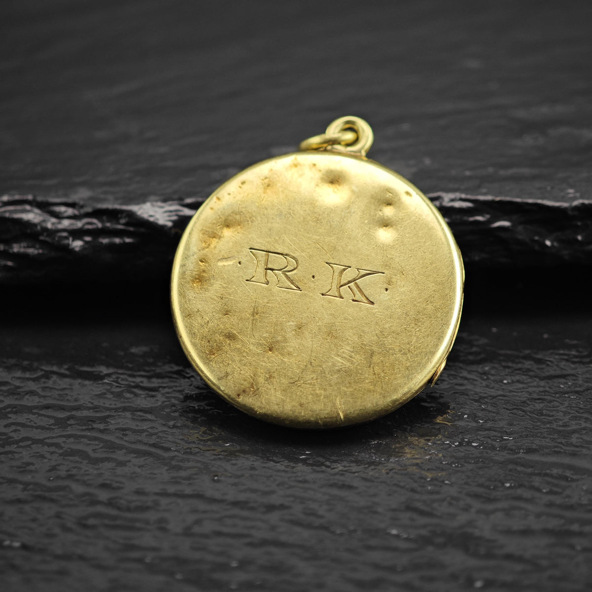 Antique Blue Enamel 14K Gold Locket Pendant Engraved R.K. P3105