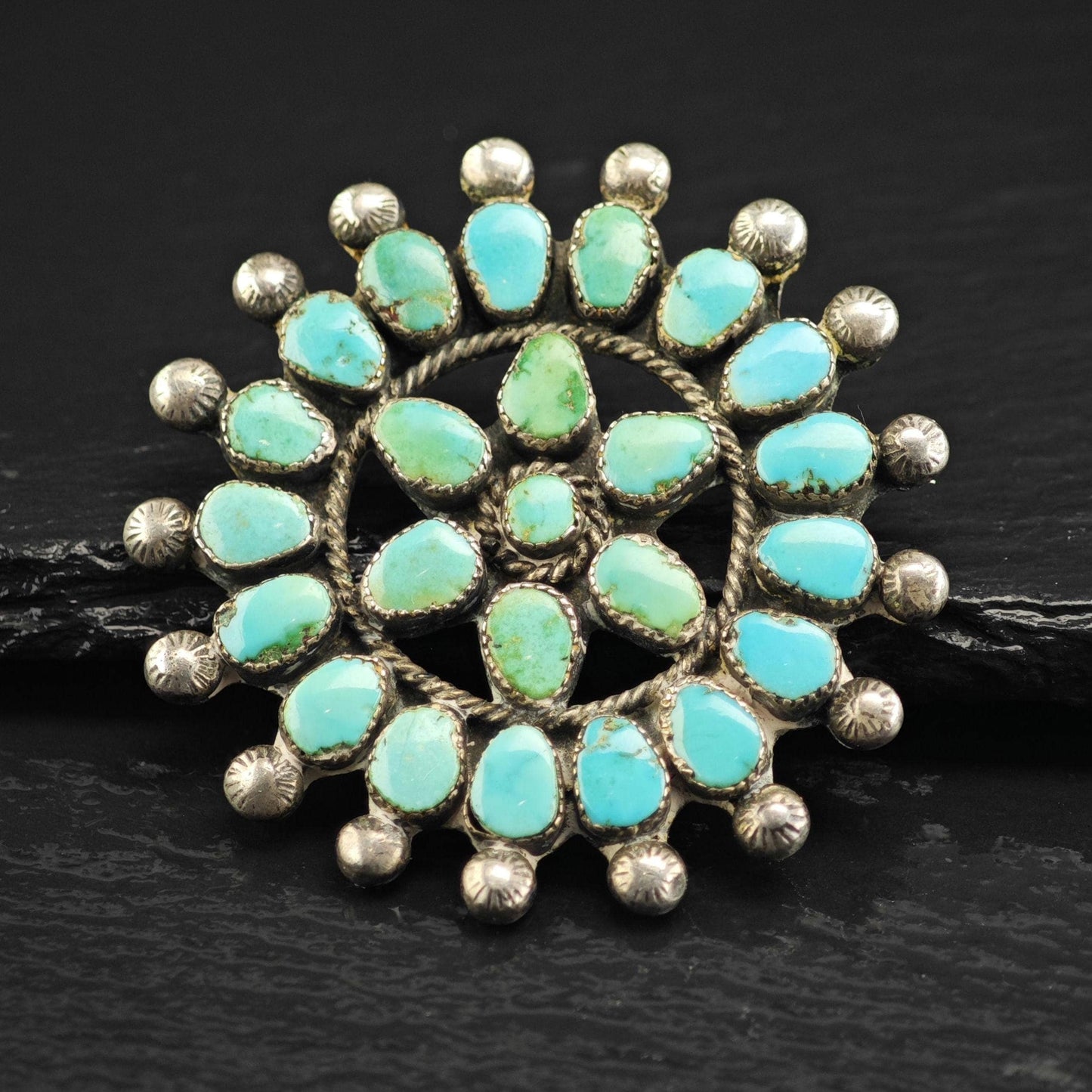 Floral Turquoise Cluster Sterling Silver Brooch