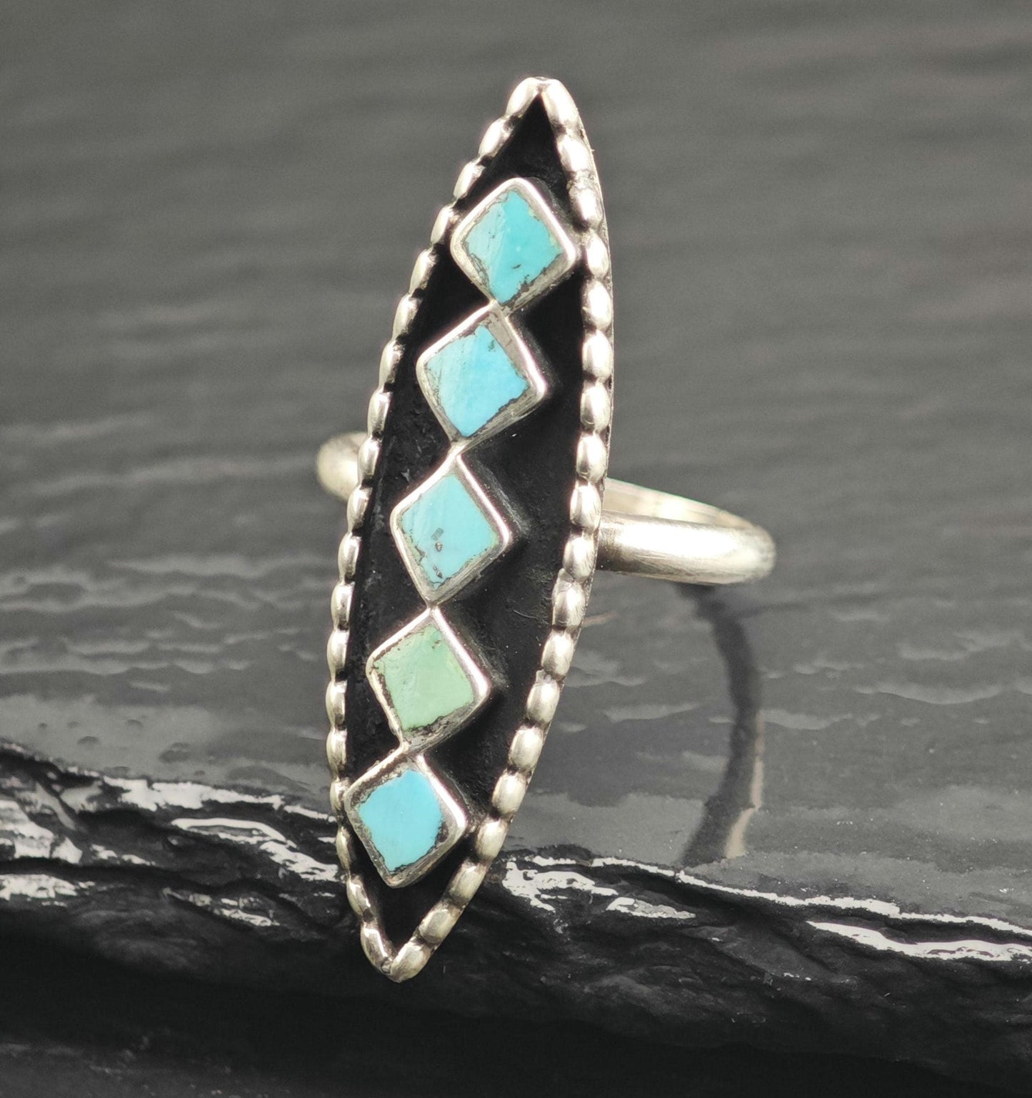 Zuni Square Turquoise Marquis Shape Sterling Silver Ring Sz 5 3/4 R6656