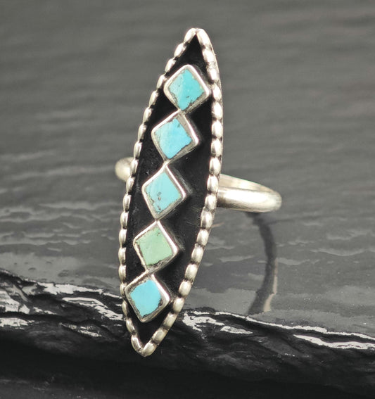 Zuni Square Turquoise Marquis Shape Sterling Silver Ring Sz 5 3/4 R6656