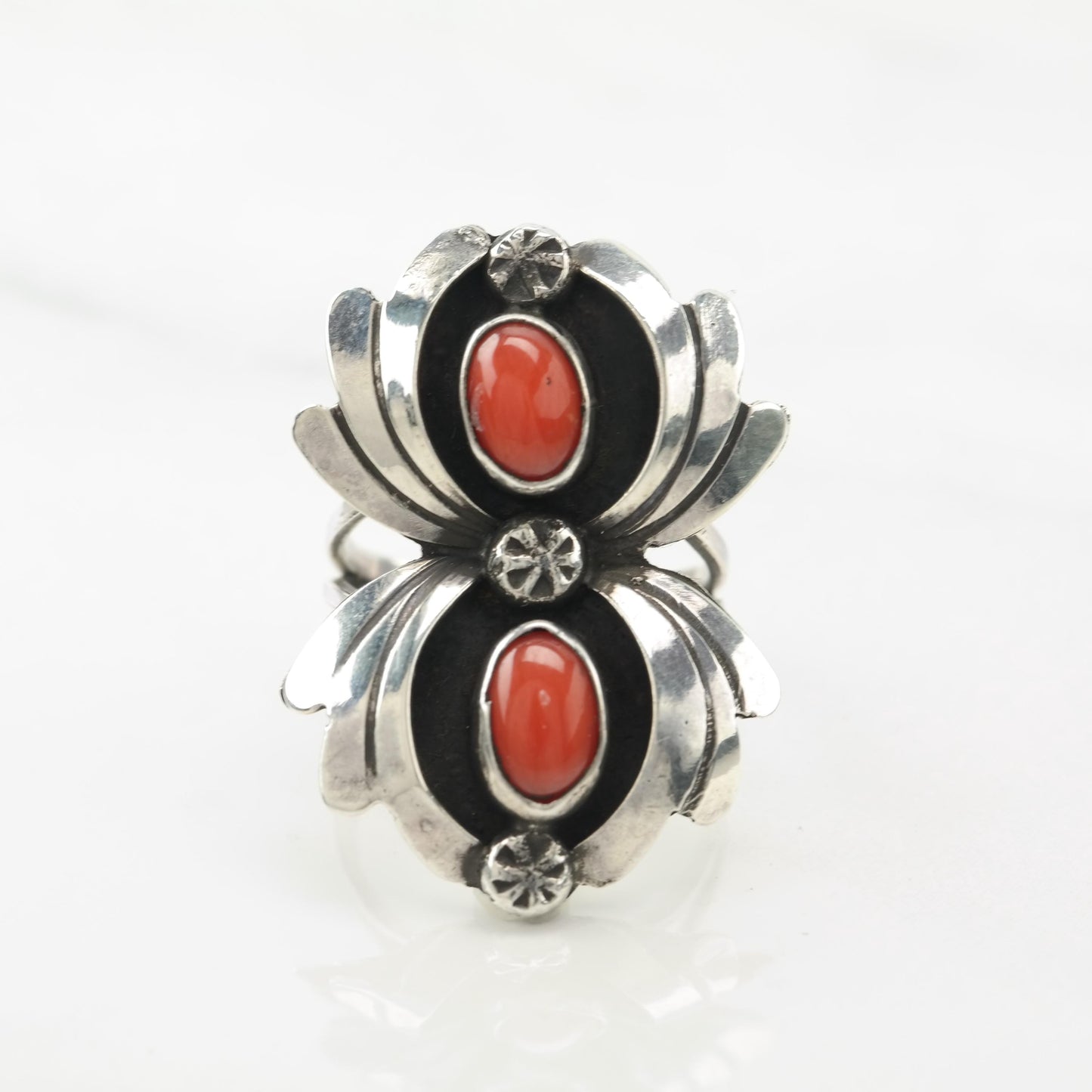 Native American Red Coral Shadow Box, Floral Sterling Silver Ring Size 4 3/4