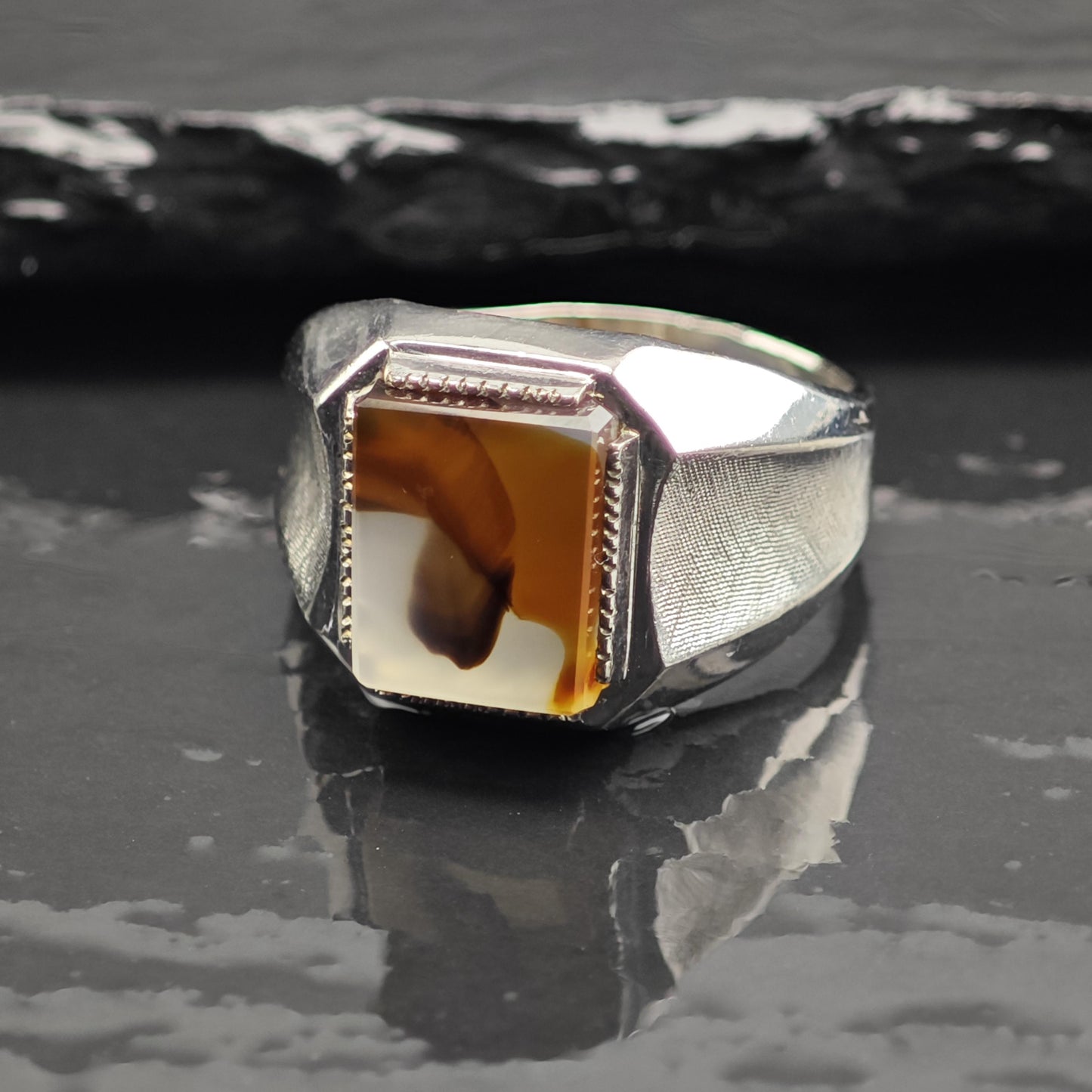 Art Deco Clark & Coombs Agate Signet Sterling Silver Ring Sz 10 1/2 R6718