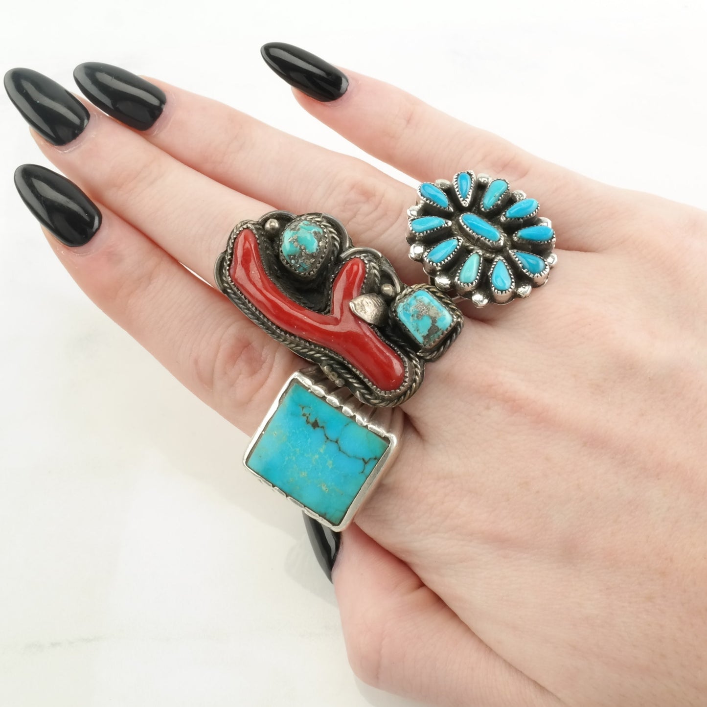 Native American Silver Ring Turquoise, Coral Sterling Blue, Red Size 7