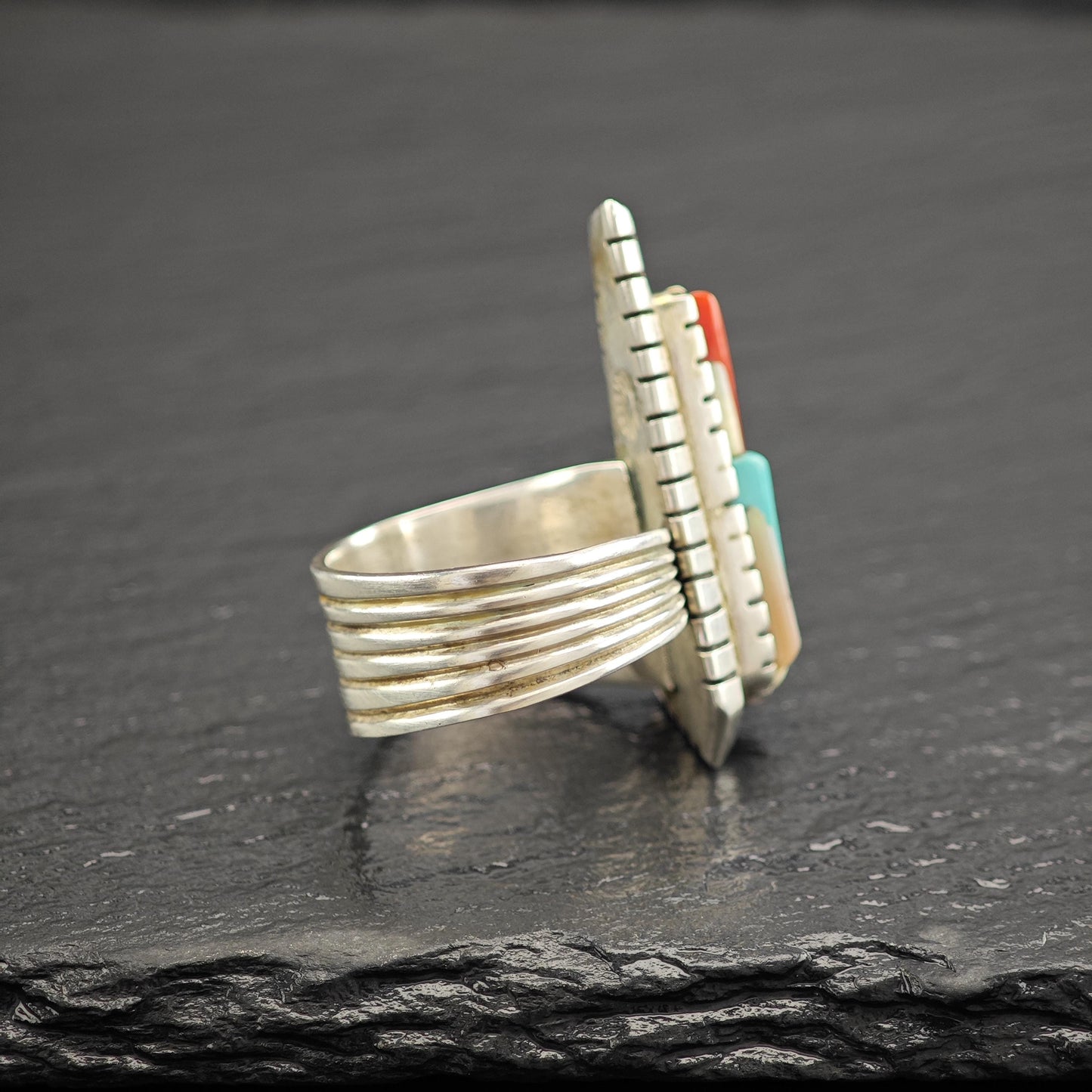 David Tune Inlay Ring Coral Turquoise Sterling Silver MOP R5809