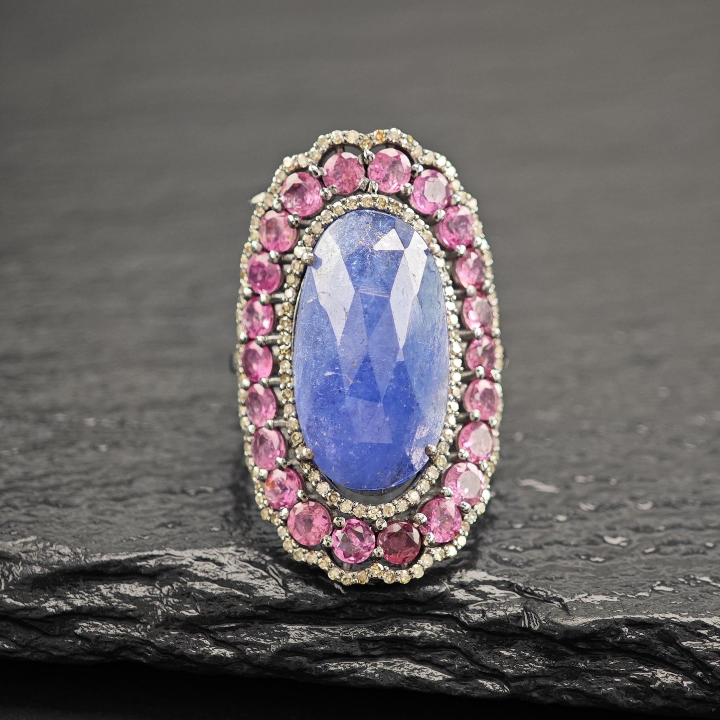 Lg Tanz Dia Ring with Tourmaline in Oxidized Silver R5805