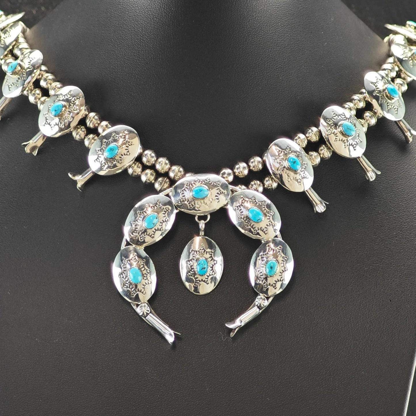 Sw Sterling Blue Turquoise Conchos Squash Blossom Necklace N2594