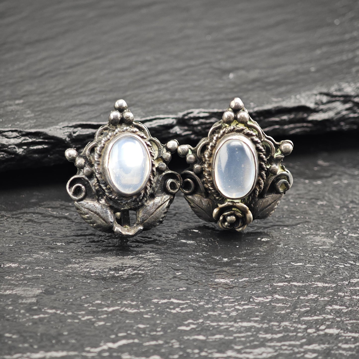 Art Nouveau Moonstone Screw Back Sterling Silver Earrings ER3199
