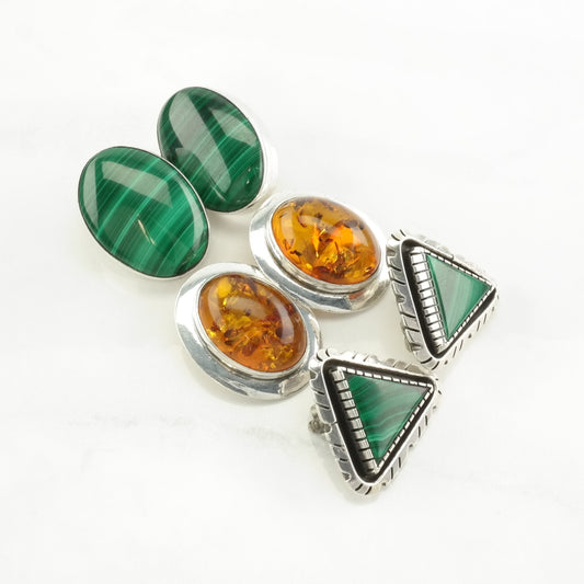 Choice of Vintage Sterling Silver Clip on Earrings Malachite, Amber