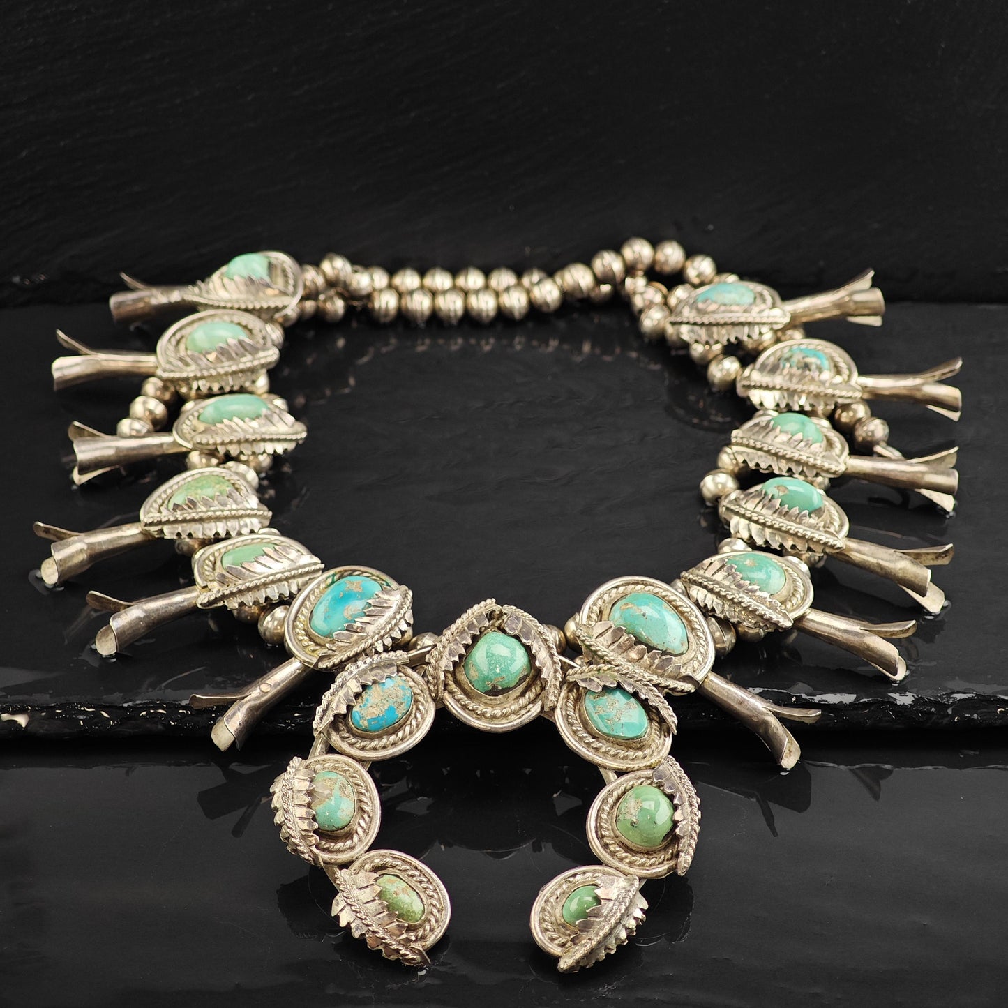 Vintage Native American Morenci Turquoise Sterling Silver Squash Blossom Necklace N2728