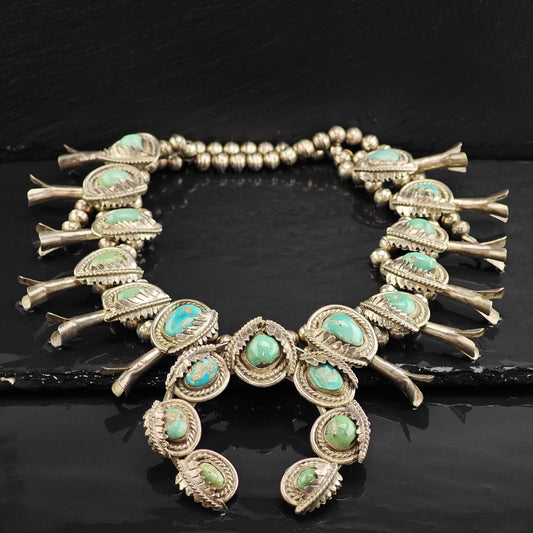 Vintage Native American Morenci Turquoise Sterling Silver Squash Blossom Necklace N2728