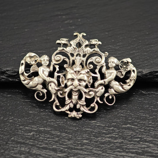 Horned God of Wine Pendant with Cherub Angels in Sterling Silver