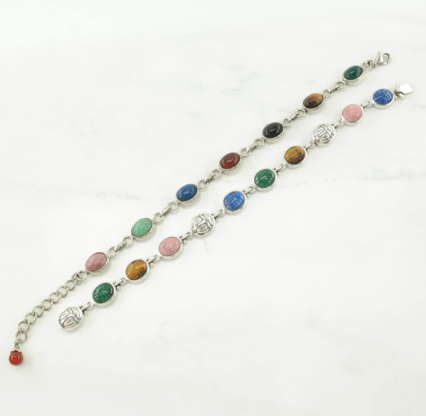 Choice Whitney Kelly Sterling Silver Link Bracelet Multi Stone Scarab, Carved