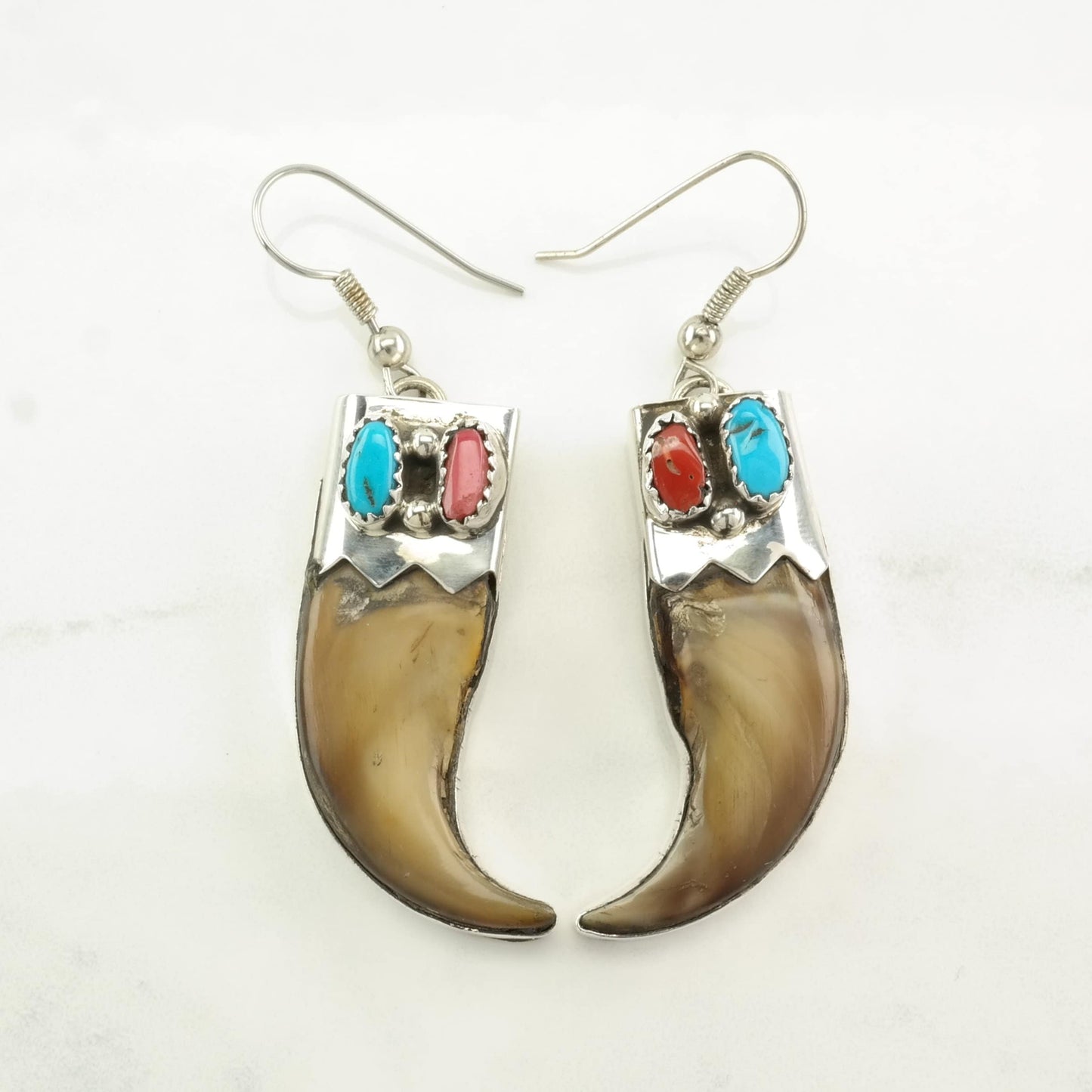 Native American Sterling Silver Turquoise, Coral Earrings Fish hook