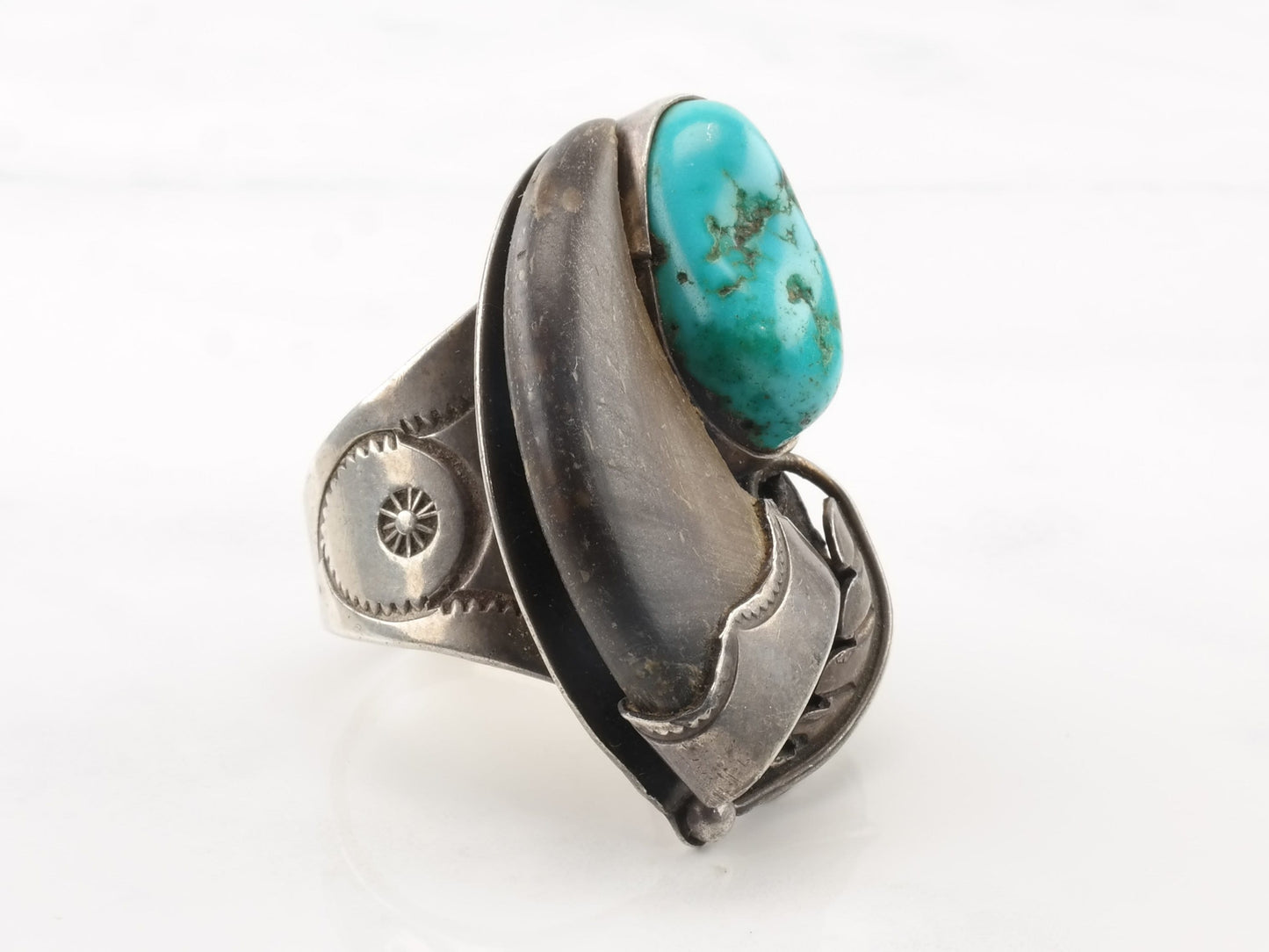 Native American Sterling Silver Ring Turquoise Leaf Size 10