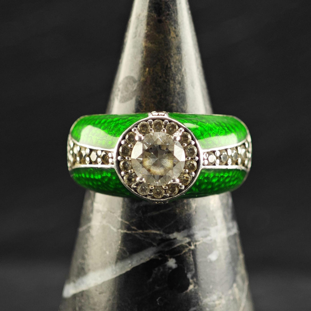 Hallmark Green Enamel CZ Sterling Silver Ring Sz 6 R6824
