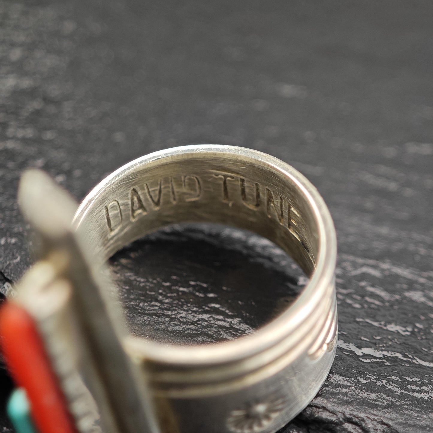 David Tune Inlay Ring Coral Turquoise Sterling Silver MOP R5809