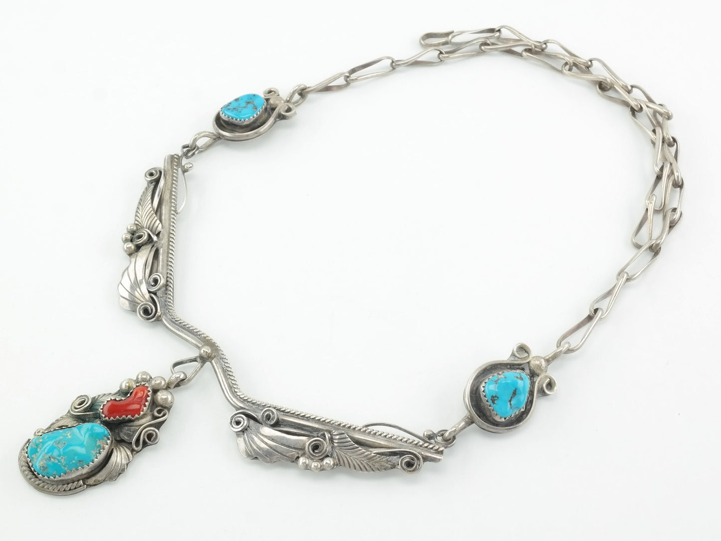 Justin Morris Turquoise, Coral, Feather, Lariat Navajo Necklace