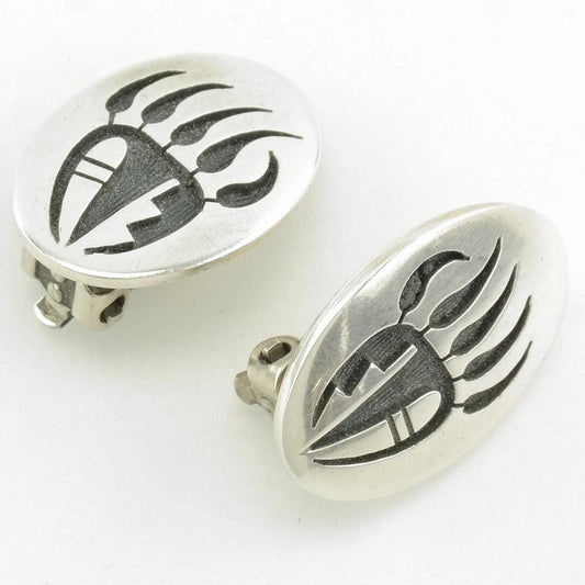 Hopi Sterling Silver Bear Paw, Overlay Earrings Clip on