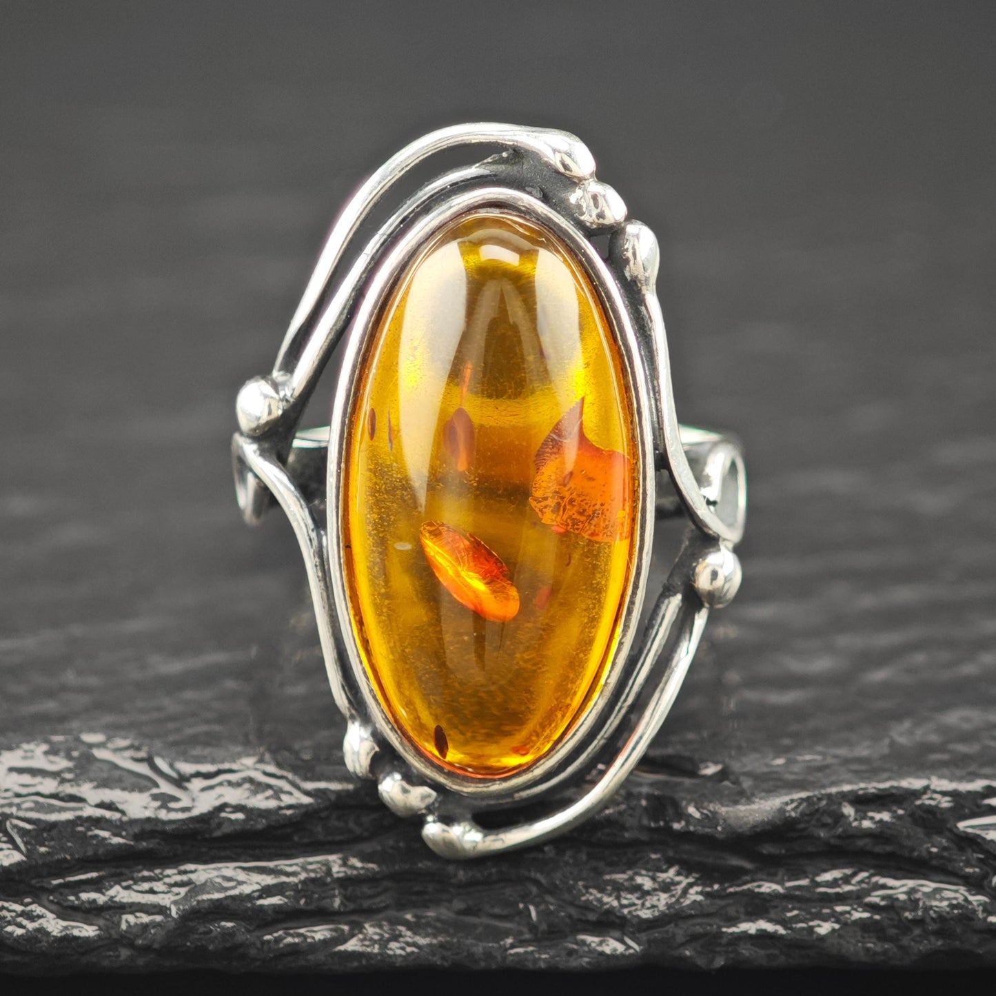 Natural Amber Oval Ring Sterling Silver