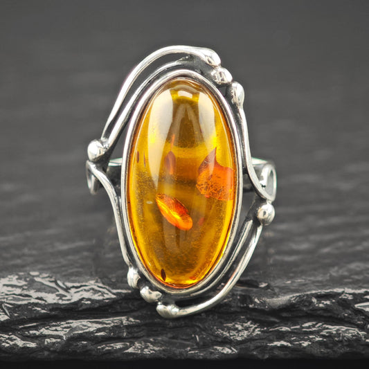 Natural Amber Oval Ring Sterling Silver
