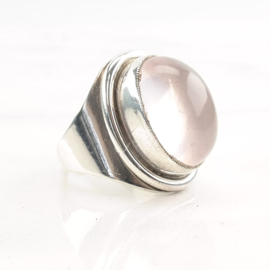 European Modernist Silver Ring Rose Quartz Size 6 3/4